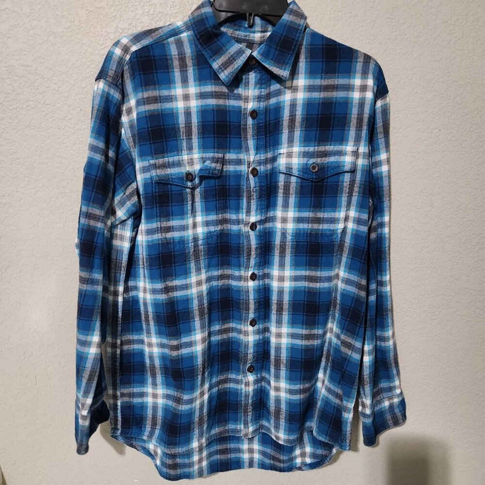 Red Head Brand Co. Shirt Mens Size Medium Button up Blue Plaid Flannel Cabin Cot